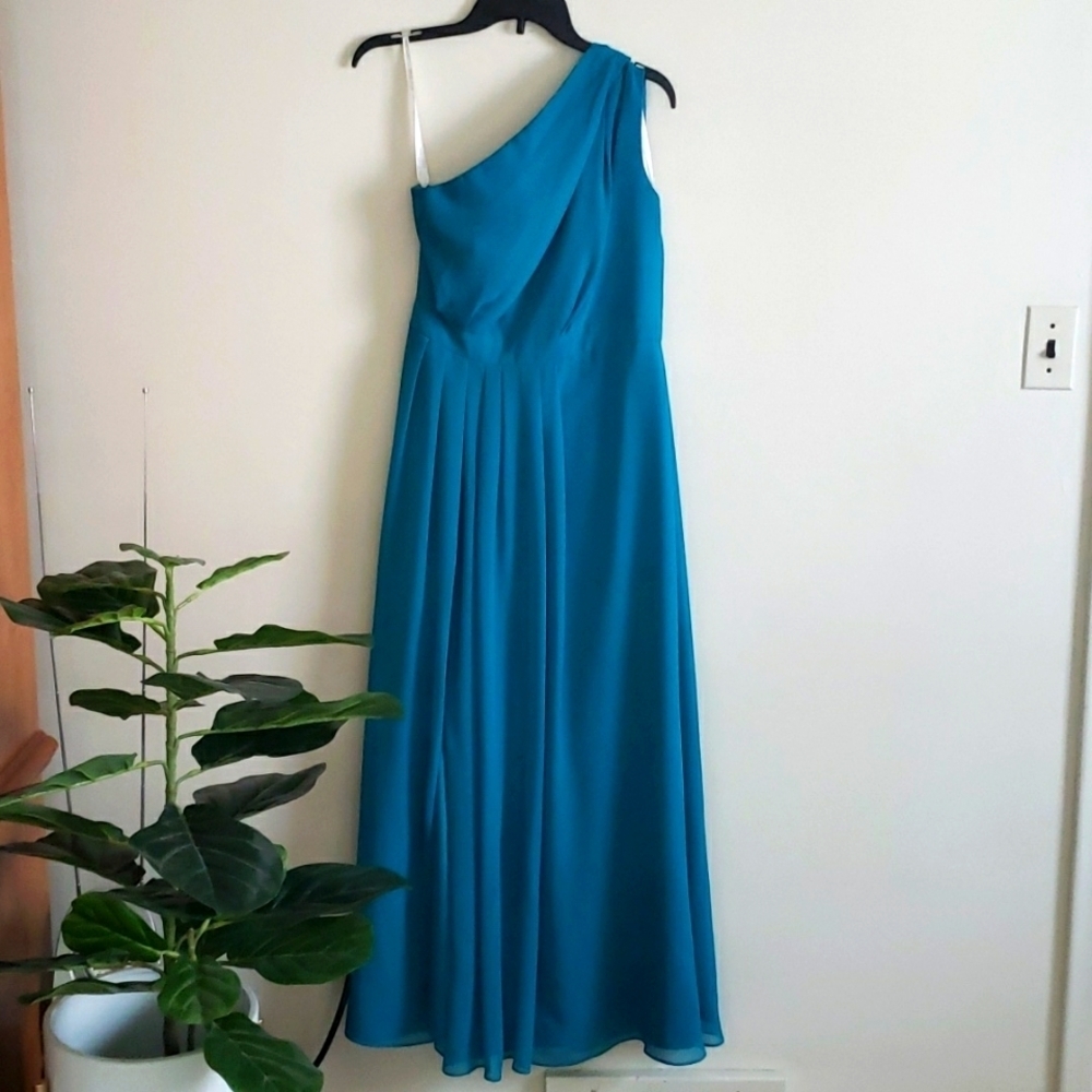 David's bridal teal one shoulder ruched bodice, a line maxi brides maids…